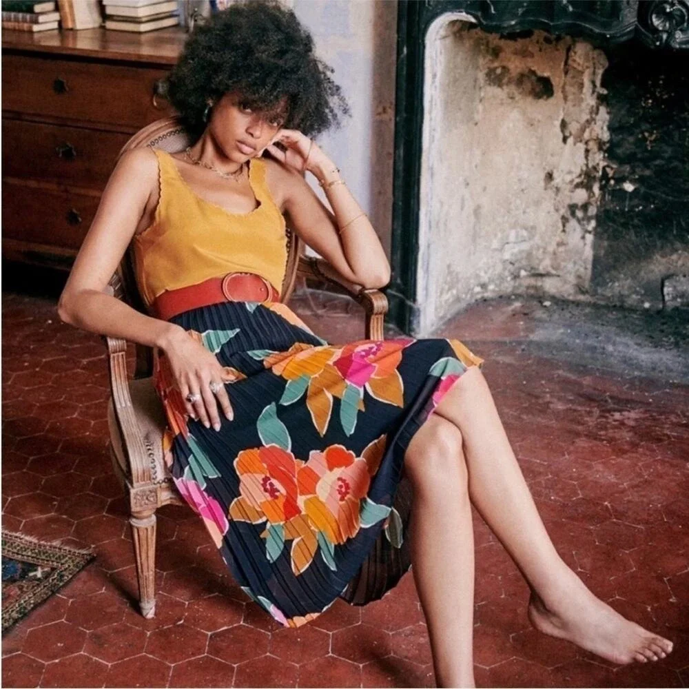 Sezane Floral Pleated Dino Skirt 34 US 2